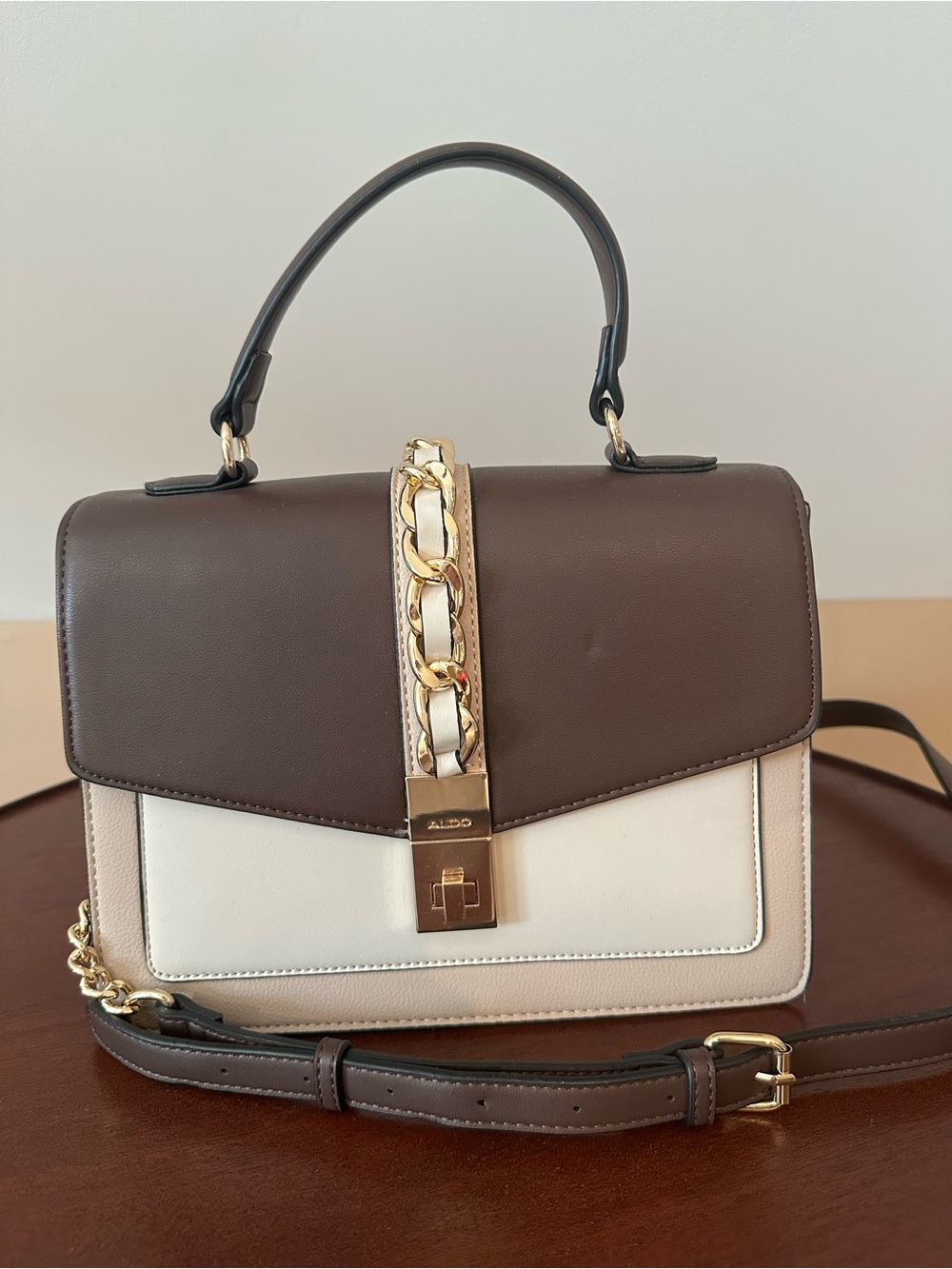 NWOT ALDO Brown and Cream Top-Handle Satchel with Gold Chain Detail